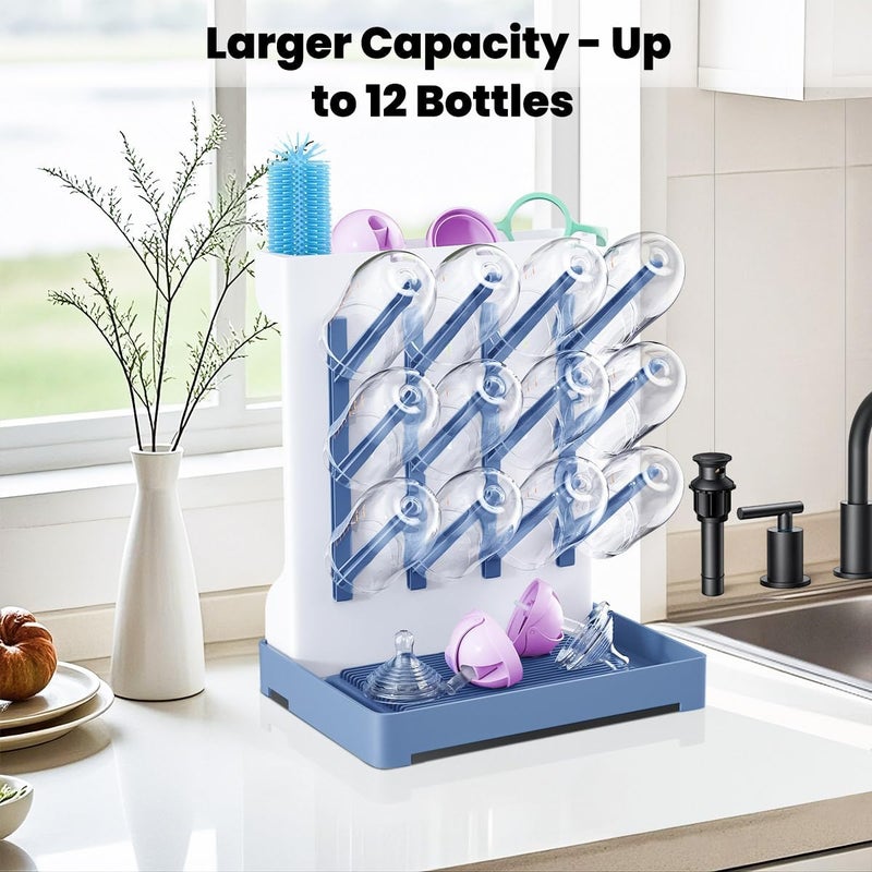 WLMALL Baby Bottle Drying Rack: Vertical Space Saving Large Bottles Holder - Standing Boon Dryer Rack Baby Accessory - Countertop Holds Up to 12 Bottles & Pump Part Cleaning & Cup (Blue) (Blue) - Image 2
